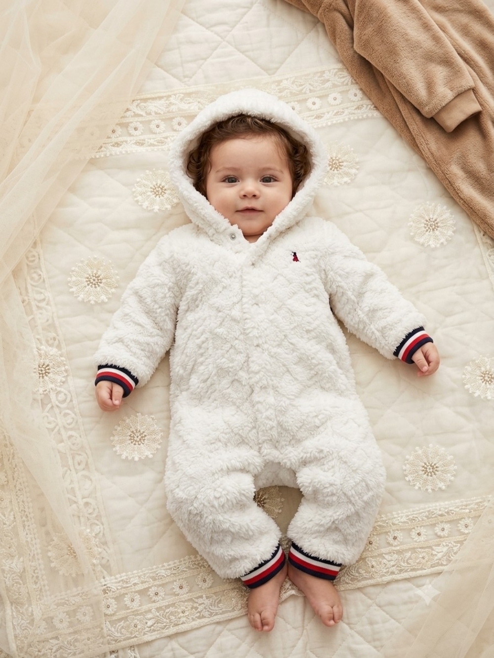 Tommy Hilfiger White Plush Hooded Baby One-Piece with Stripe Cuffs